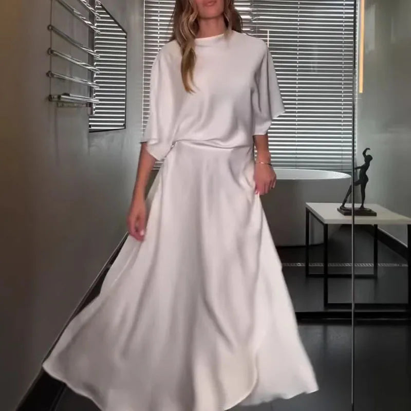 Modern and Elegant Satin Half Wide Sleeve Wrap Style Pocket Slit Loose Maxi Dress