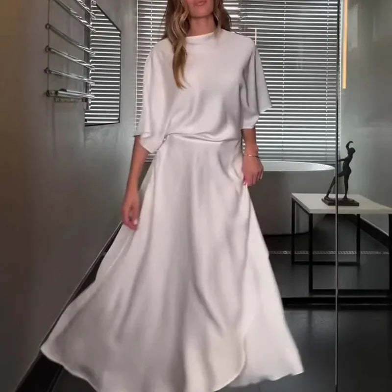 Modern and Elegant Satin Half Wide Sleeve Wrap Style Pocket Slit Loose Maxi Dress