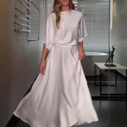 Modern and Elegant Satin Half Wide Sleeve Wrap Style Pocket Slit Loose Maxi Dress