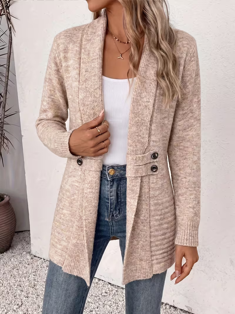 Women's Casual Chic Shawl Collar Side Button Detail Long Sleeve Knit Cardigan