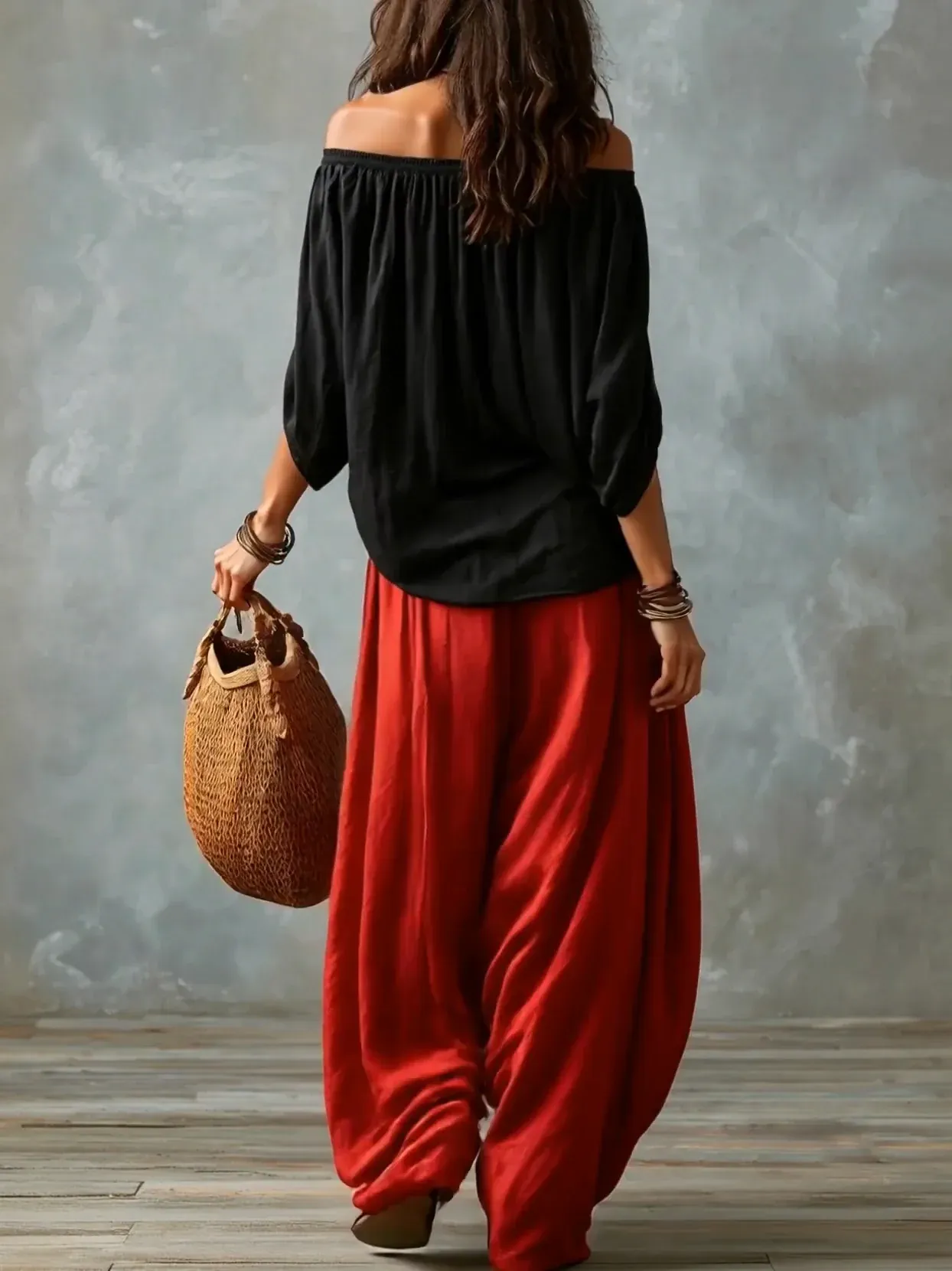 White Off-the-shoulder Top And Loose-fitting Lantern Pants Set