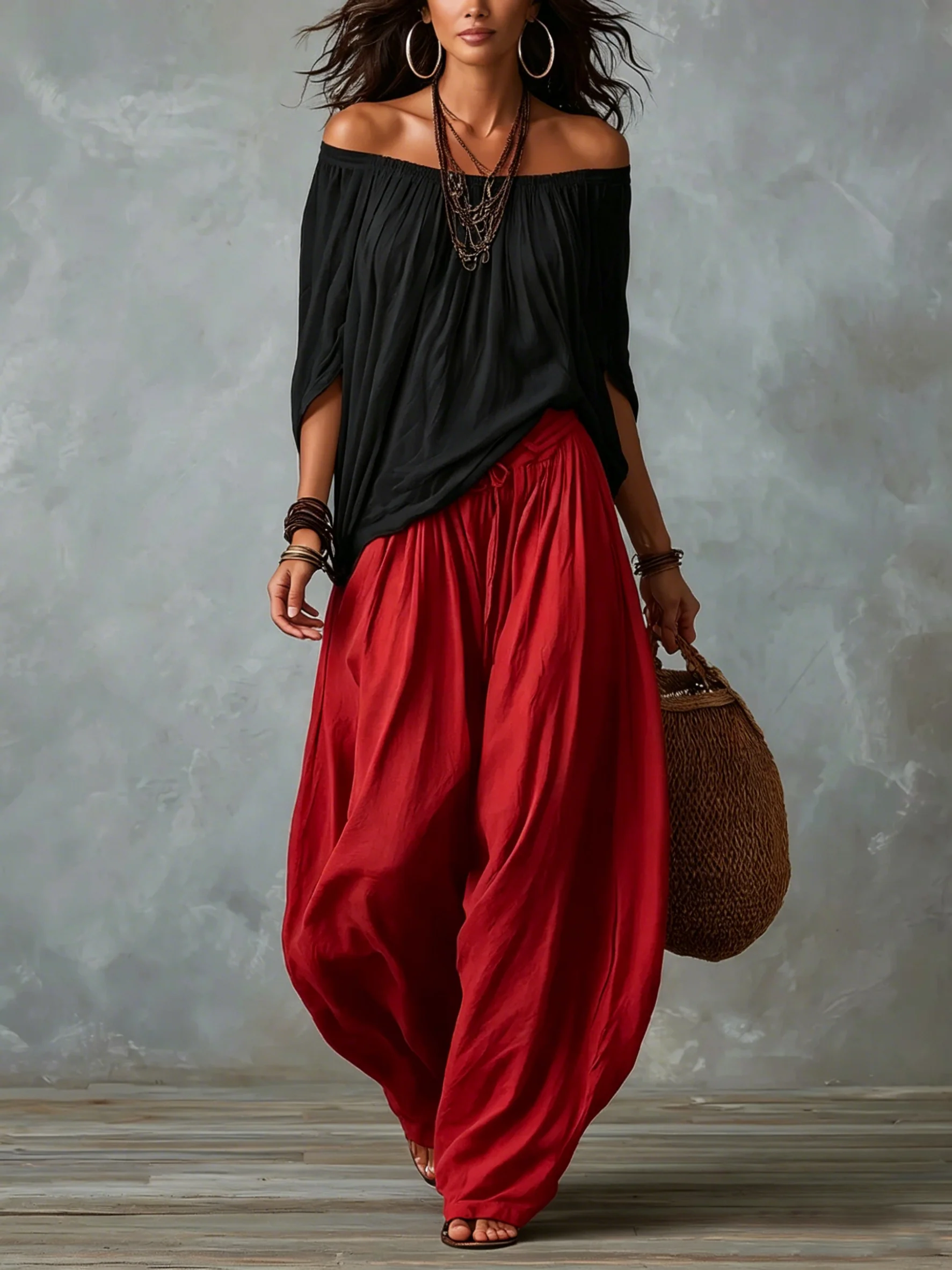 White Off-the-shoulder Top And Loose-fitting Lantern Pants Set