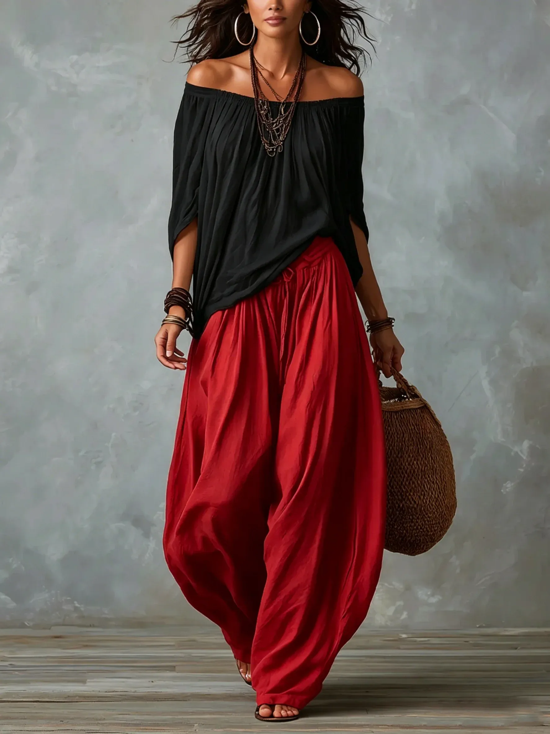 White Off-the-shoulder Top And Loose-fitting Lantern Pants Set