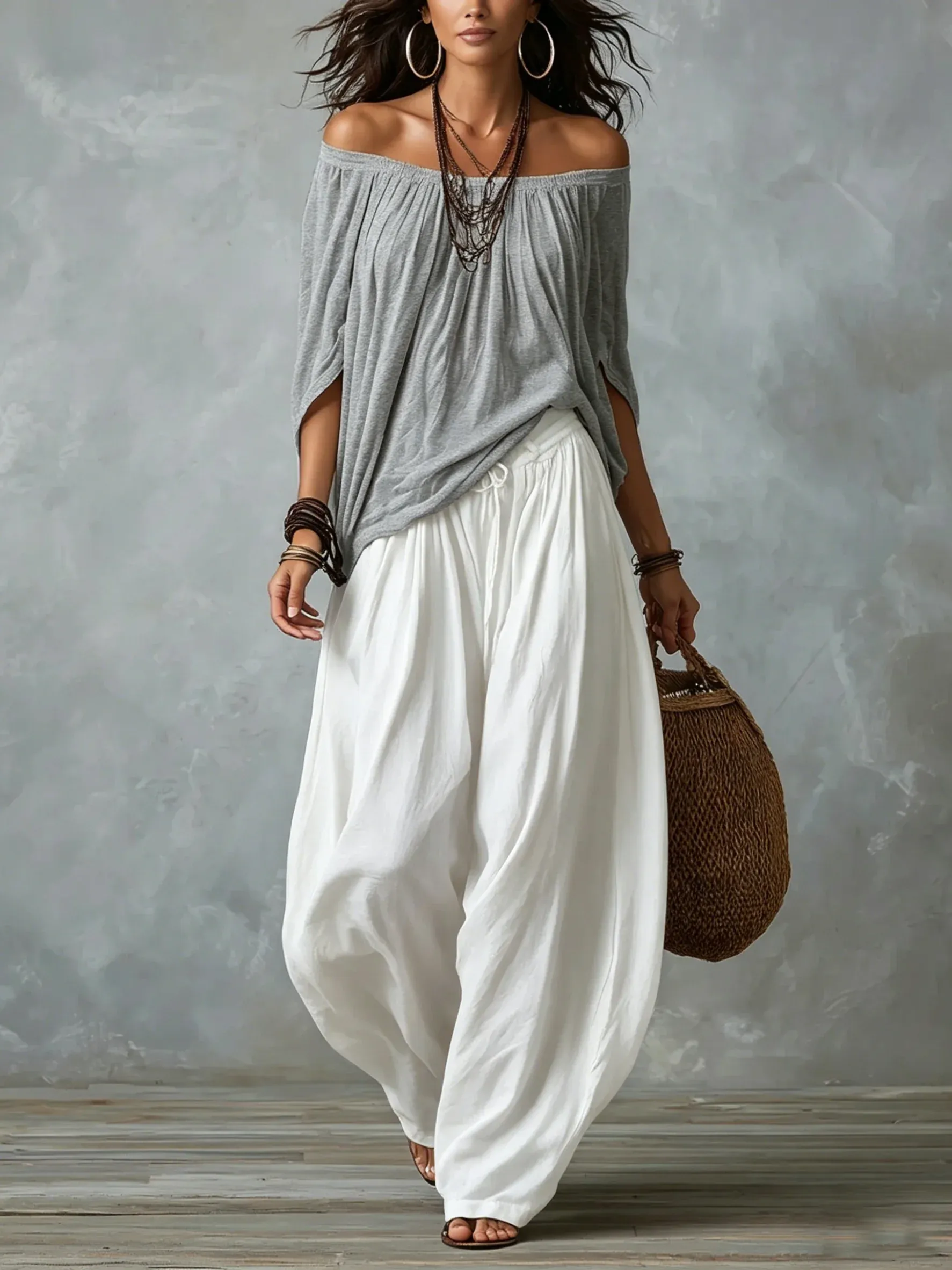 White Off-the-shoulder Top And Loose-fitting Lantern Pants Set