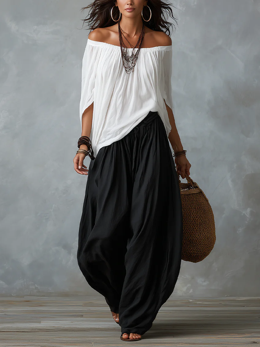 Off-the-shoulder Top And Loose-fitting Lantern Pants Set