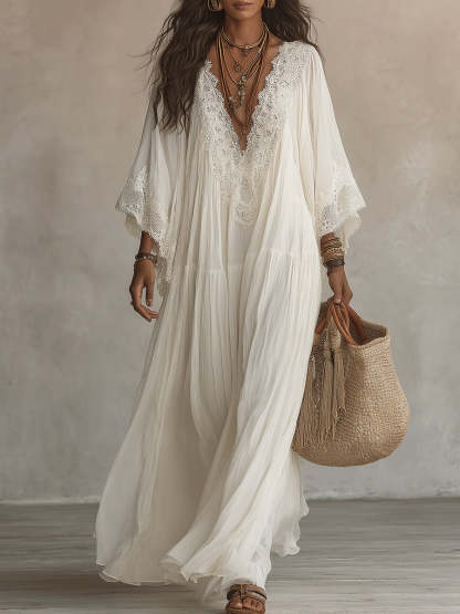 Lace V-neck Batwing Sleeve Chiffon Maxi Dress