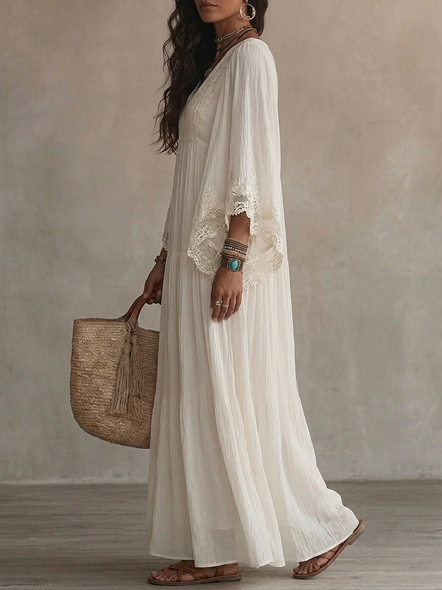 Lace V-neck Batwing Sleeve Chiffon Maxi Dress