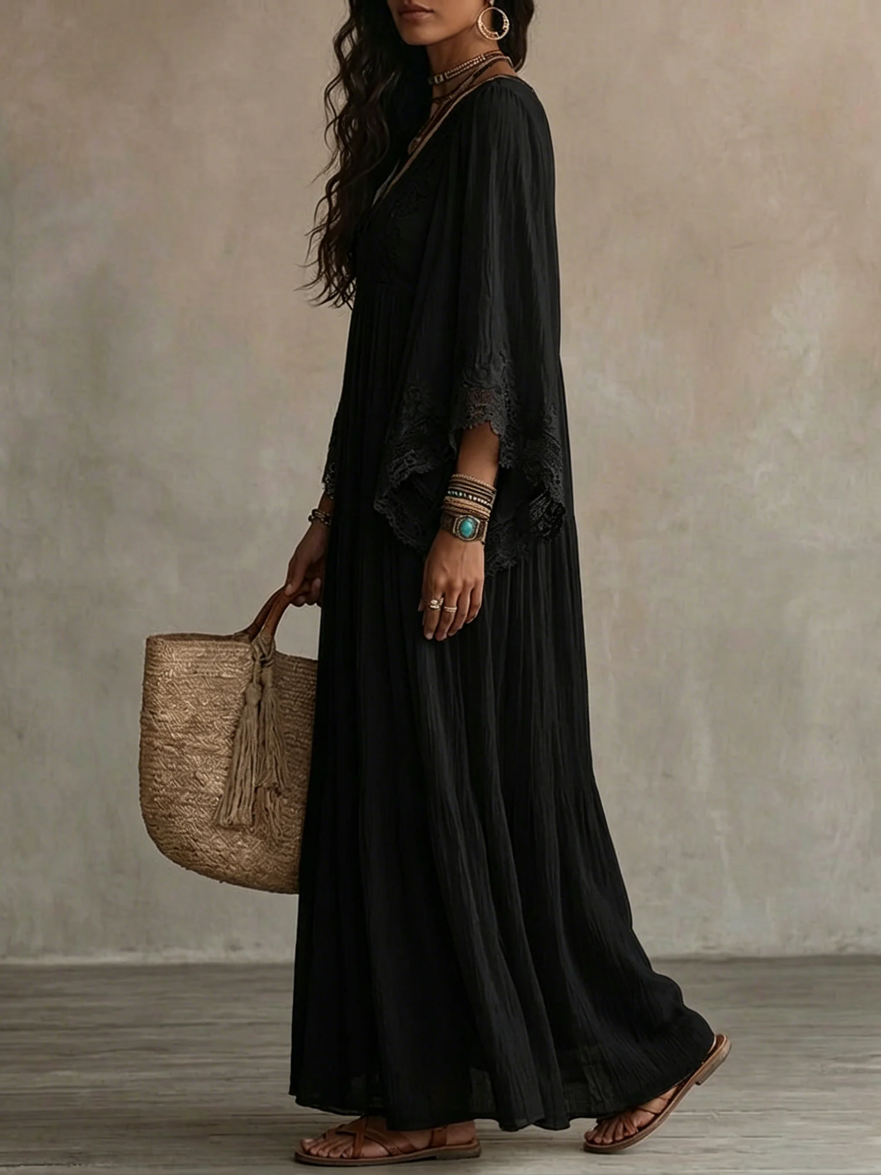 Lace V-neck Batwing Sleeve Chiffon Maxi Dress