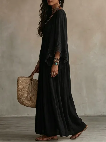 Lace V-neck Batwing Sleeve Chiffon Maxi Dress
