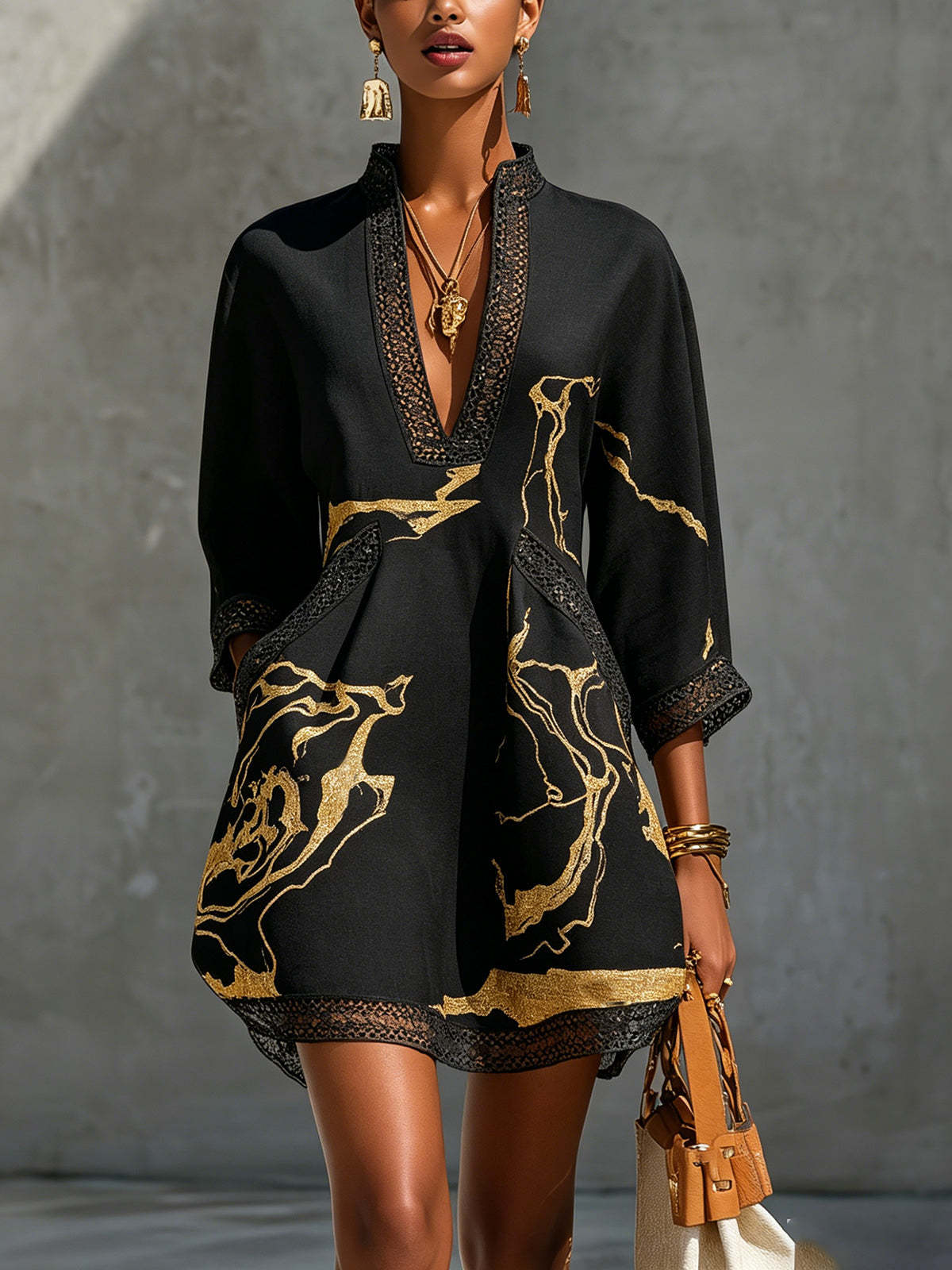 Gold Printed V-neck Crochet Lace Mini Dress
