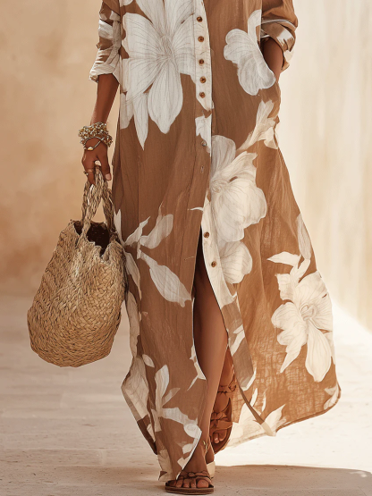 Brown White Floral Print Vacation Maxi Shirt Dress