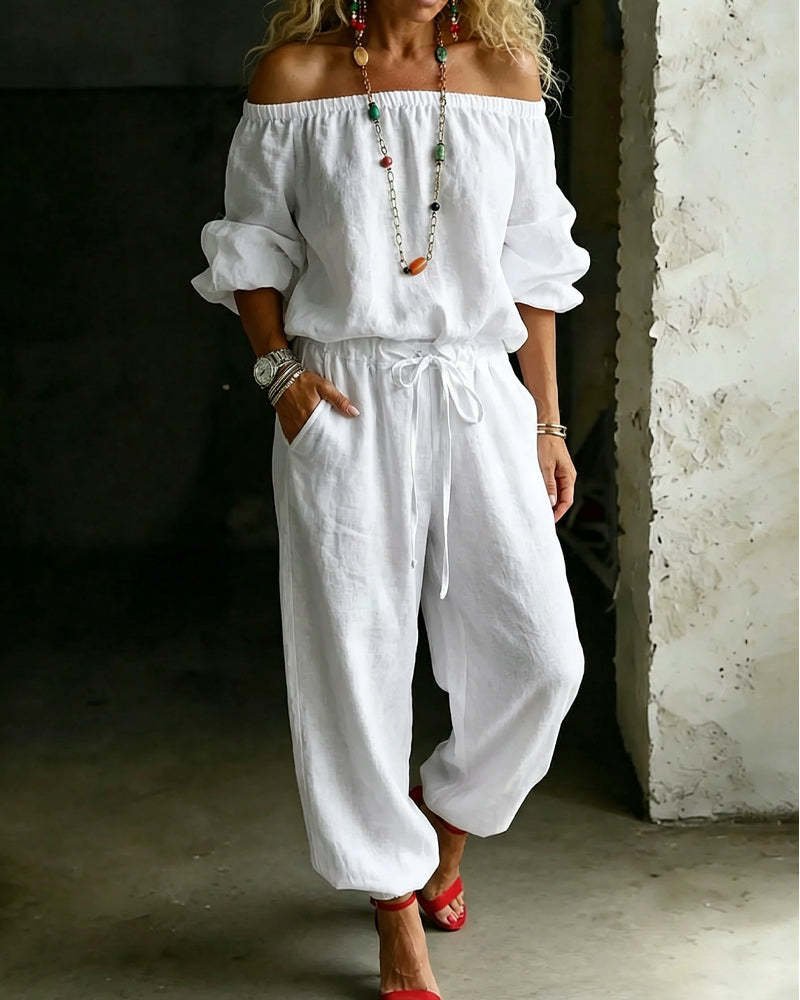 One-shoulder Top And Casual Drawstring Jogger Pants Jumpsuit Set