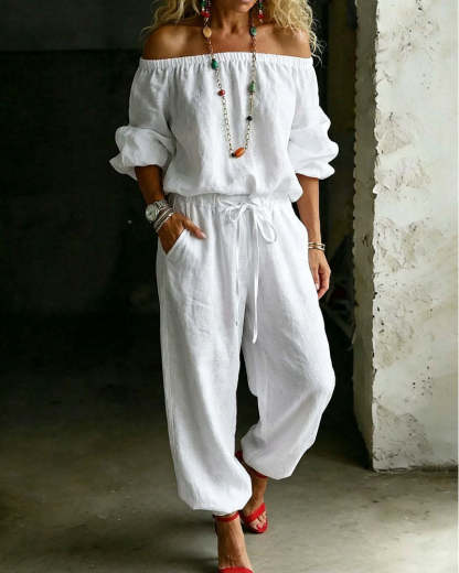 One-shoulder Top And Casual Drawstring Jogger Pants Jumpsuit Set