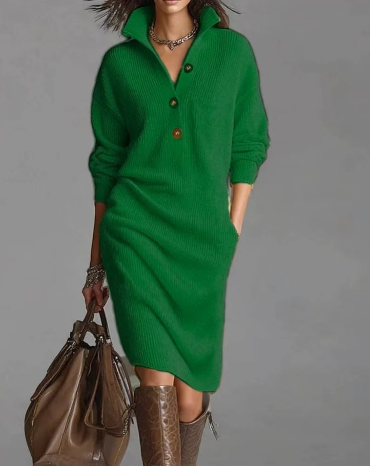Casual Button Lapel Knit Mid-Length Sweater Dress