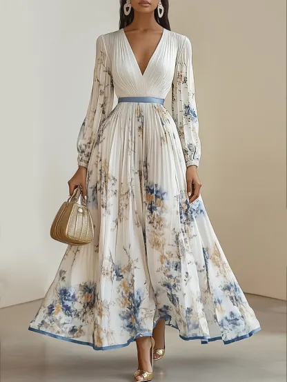 White Pleated Floral Chiffon V Neck Long Sleeve Balloon Sleeve A-Line Maxi Dress