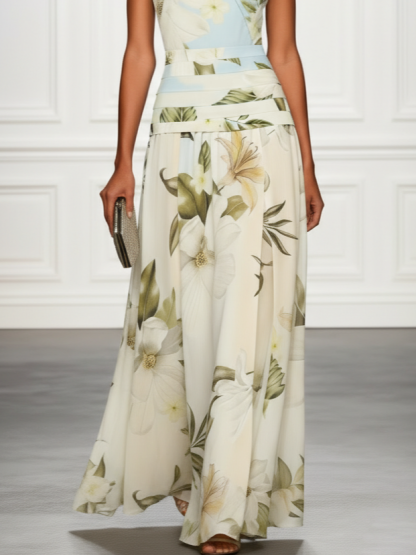 Light Blue Floral Ruched Classic Boat Neck Sleeveless A-Line Floor-length Gown Dress