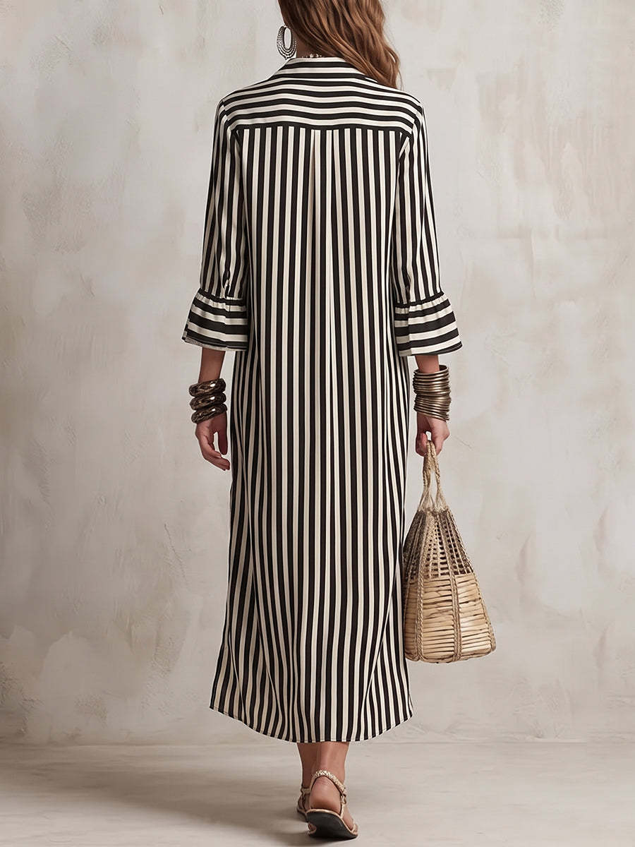 Striped Split-Joint Contrast Color Three-quarter Sleeves Ruffle Sleeves Lapel Midi Dresses