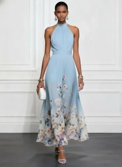 Light Blue Floral Chiffon Halter Sleeveless A-Line Maxi Dress