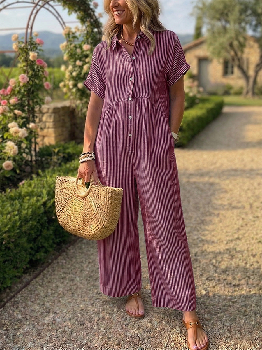New Arrivals🔥 Striped Lapel Button Down Shirt Jumpsuit