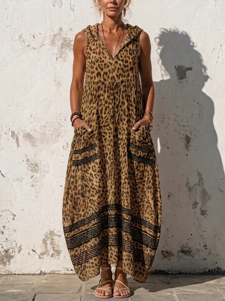 Stylish Casual Leopard-print Hooded Sleeveless Dress