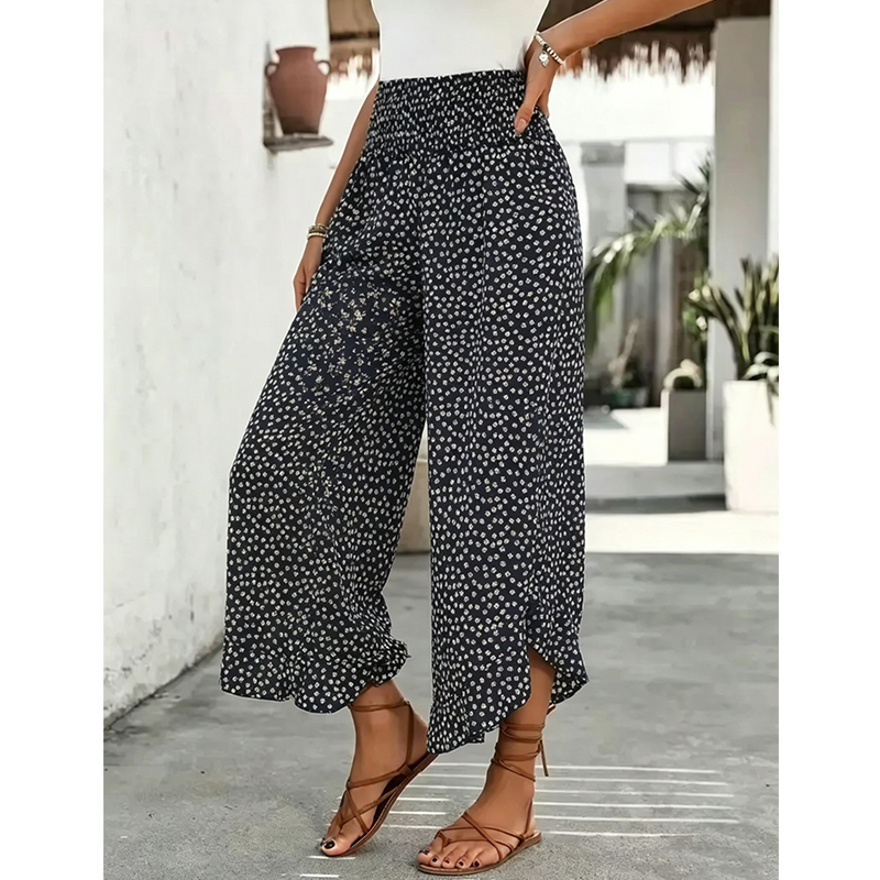 Women's Ditsy Floral Print Wide Leg Pants, Boho Casual Comfy Trousers for Summer, Women's Clothes for Daily Wear