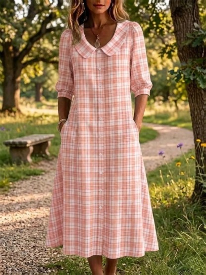 New Arrivals🔥 Women's Retro Peter Pan Collar Striped Cotton Linen Dress