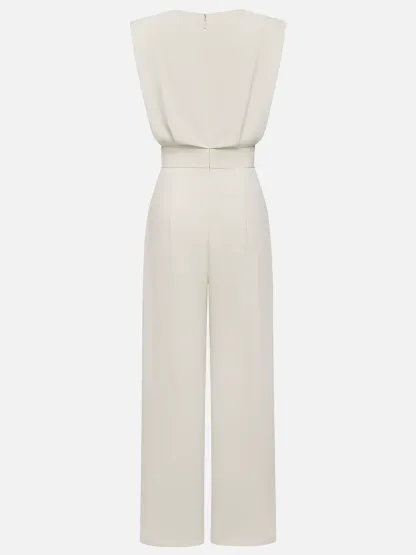 Women Off White Crew Neck Sleeveless Dressy Jumpsuit With Pockets