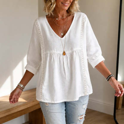 Lace Trim V Neck Babydoll Blouse for Women