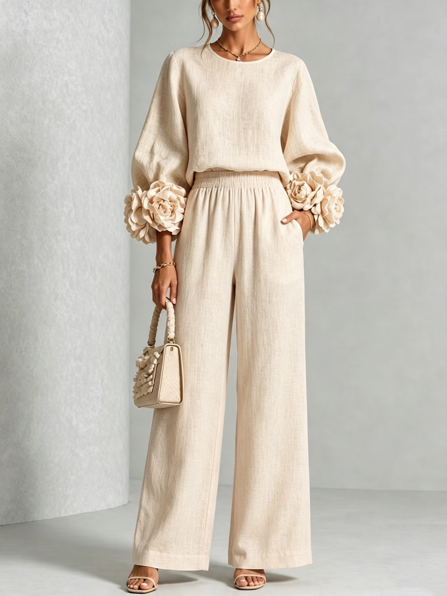 Women 3D Floral Cuff Linen Two‑Piece Outfit, Long Sleeve Blouse & Elastic Waist Wide Leg Pants Set