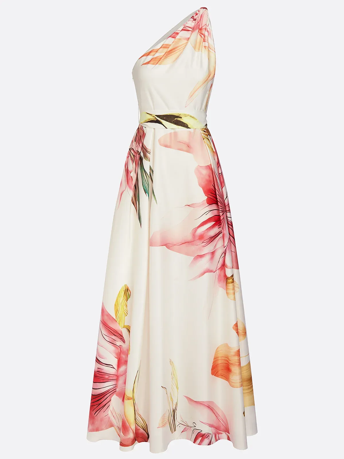 Pink Floral Satin One Shoulder Sleeveless A-Line Floor-length Gown With Pockets
