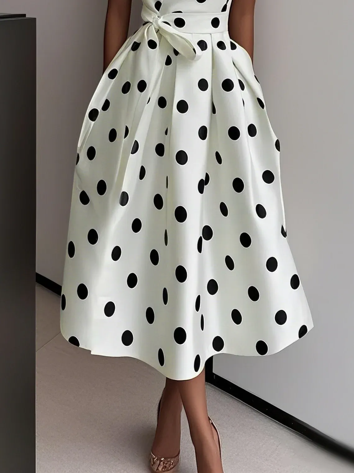 White Polka Dots V Neck Sleeveless A-Line Midi Dress