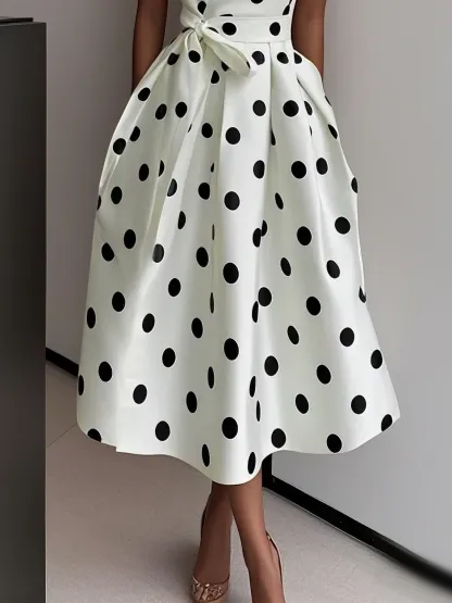 White Polka Dots V Neck Sleeveless A-Line Midi Dress