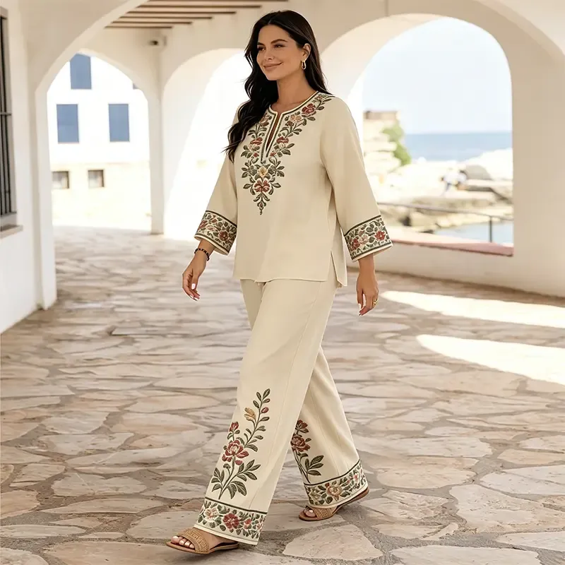 ⏰  – Nur für kurze Zeit ✨ Damen Set mit Langarmbluse & Weitbein-Hose 🌿 Locker, Stilvoll & Ideal für Alltag und Reisen