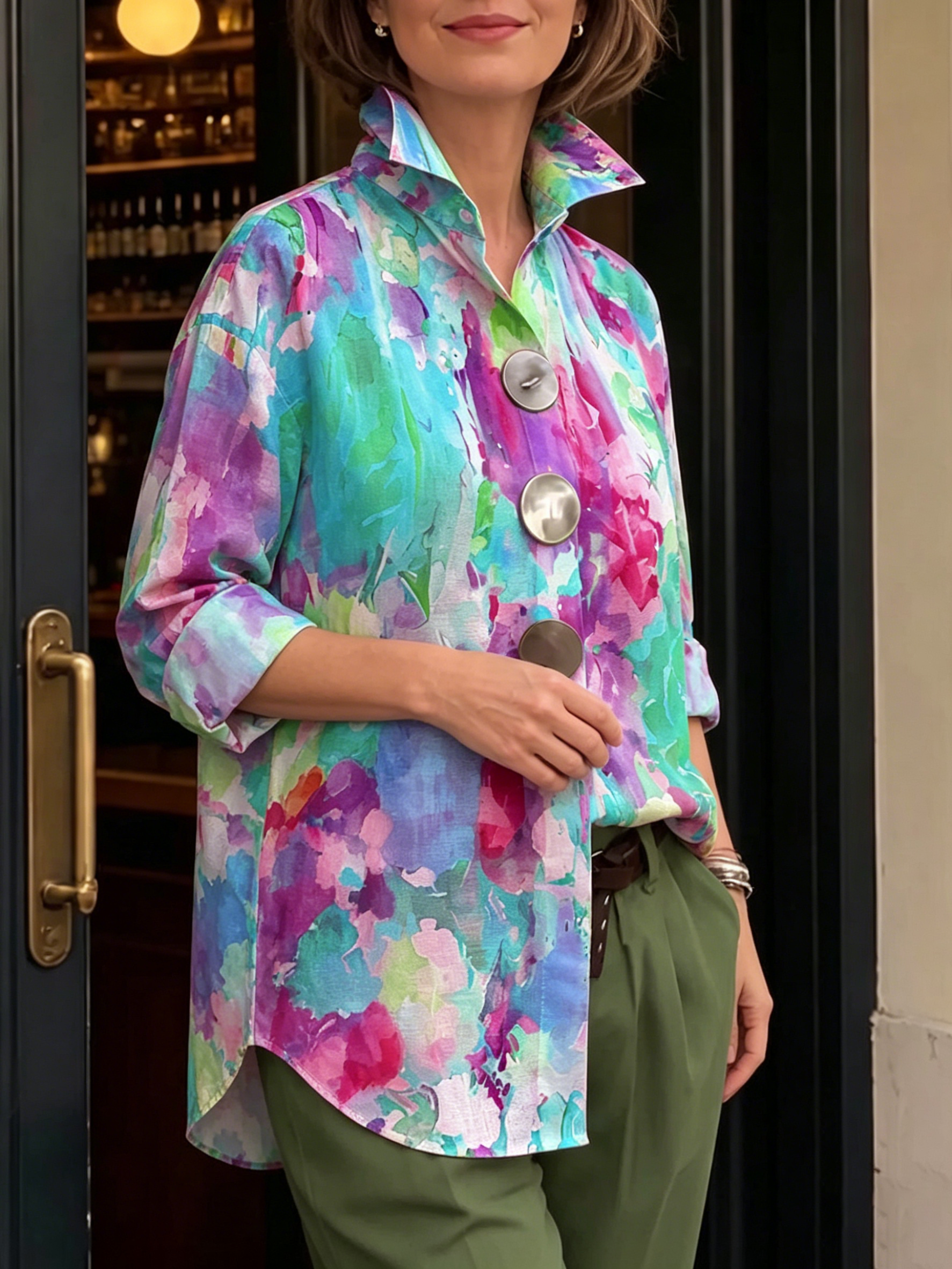 Artistic Watercolor Palette Print Metal-button Shirt
