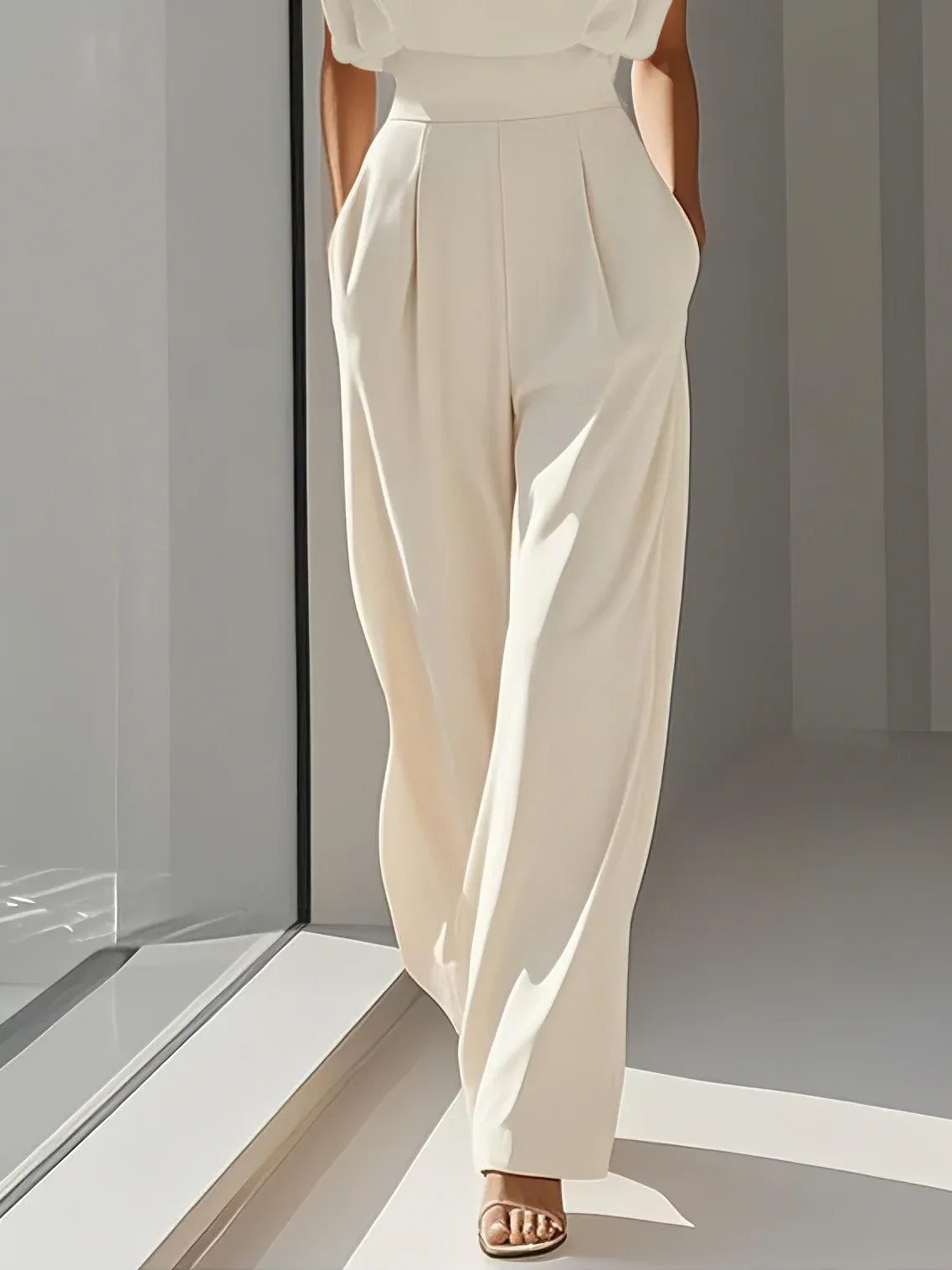 Women Off White Crew Neck Sleeveless Dressy Jumpsuit With Pockets