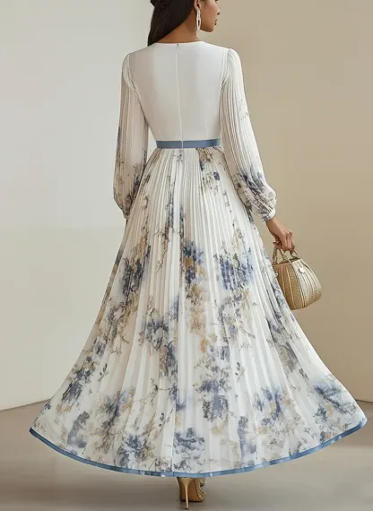 White Pleated Floral Chiffon V Neck Long Sleeve Balloon Sleeve A-Line Maxi Dress