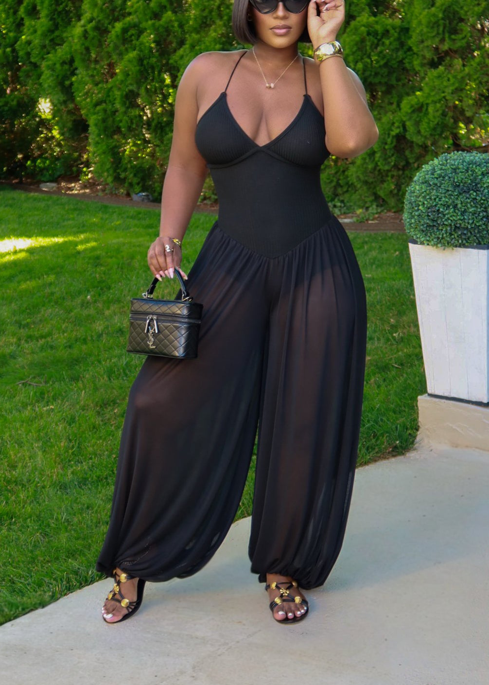 50% OFF✨ Backless Halter Wide Leg Jumpsuit Elegant Ribbed Knit Sheer Summer Resort One Piece