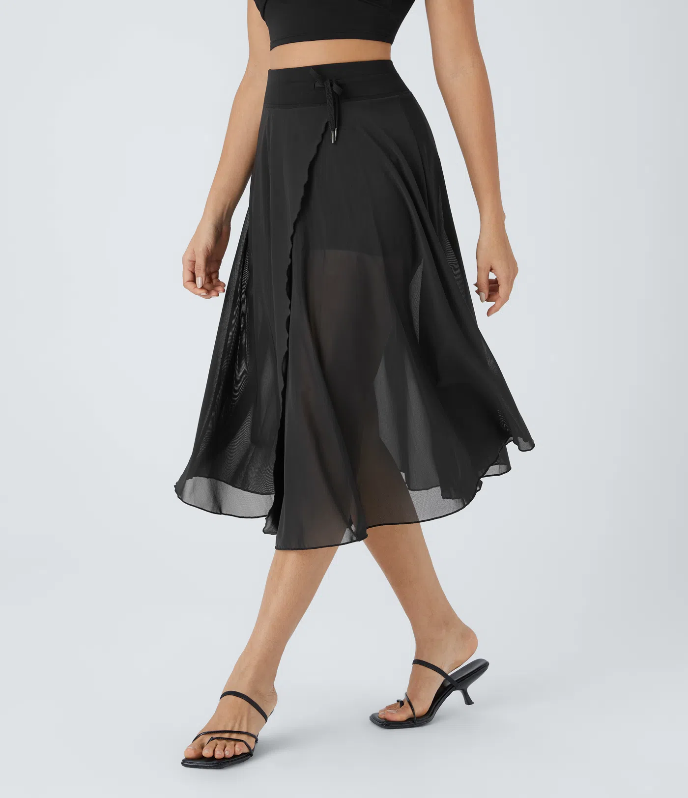 High Waisted Drawstring Contrast Mesh 2-in-1 Pocket Flowy Midi Flare Casual Skirt