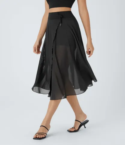 High Waisted Drawstring Contrast Mesh 2-in-1 Pocket Flowy Midi Flare Casual Skirt