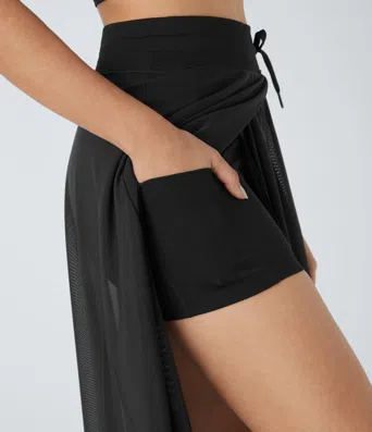 High Waisted Drawstring Contrast Mesh 2-in-1 Pocket Flowy Midi Flare Casual Skirt