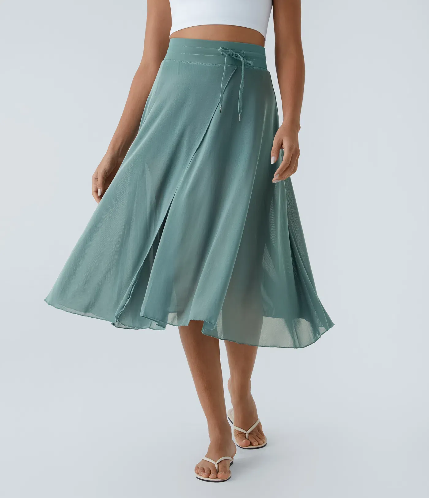 High Waisted Drawstring Contrast Mesh 2-in-1 Pocket Flowy Midi Flare Casual Skirt