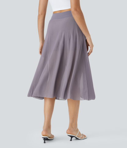 High Waisted Drawstring Contrast Mesh 2-in-1 Pocket Flowy Midi Flare Casual Skirt