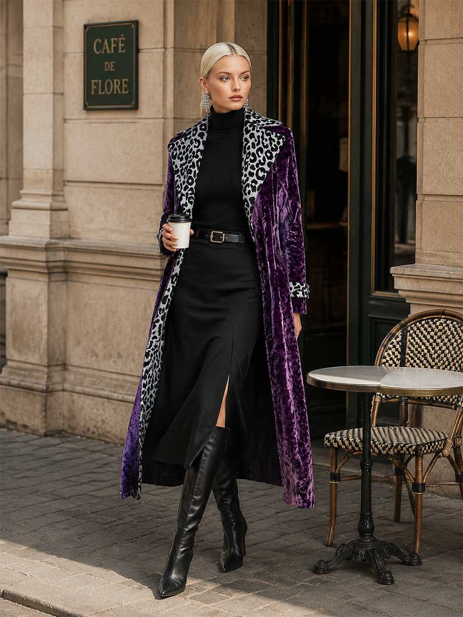 Women's Retro Velvet Long Coat With Leopard Print Color Block Lapel And Inner Panels Single-breasted Long Sleeve Trench Coat