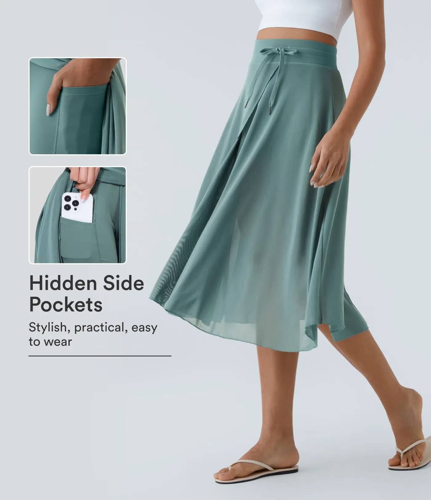 High Waisted Drawstring Contrast Mesh 2-in-1 Pocket Flowy Midi Flare Casual Skirt