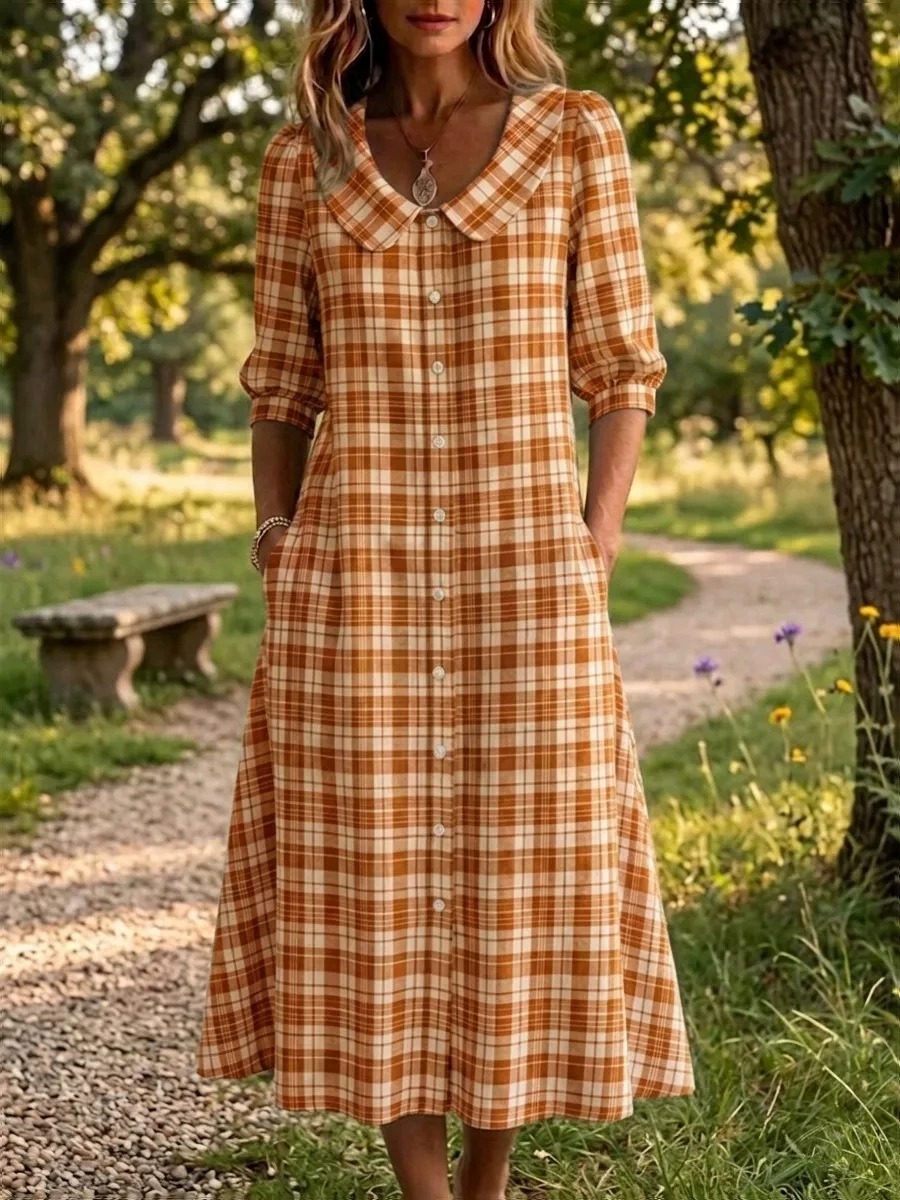 New Arrivals🔥 Women's Retro Peter Pan Collar Striped Cotton Linen Dress