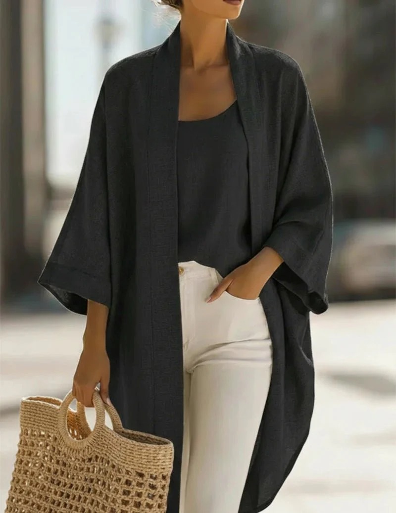 Casual Loose Linen Blend Kimono Jacket Camisole Set Comfort Fit Elegant Two Piece Matching Loungewear Set