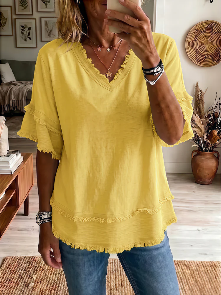 Women's Linen Blend Fringe V-Neck Top