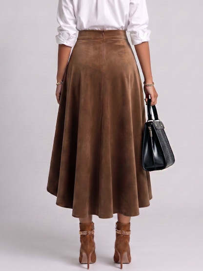 Women's High-waisted Casual Loose-fitting Faux Suede And Lace A-line Skirt