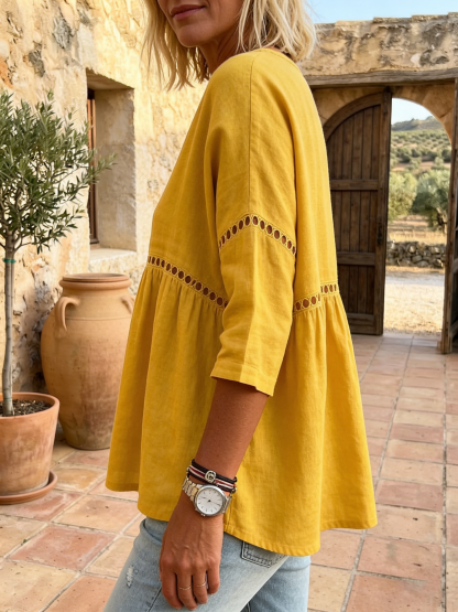 Cozy Hollow-out Patchwork V-neck Linen-cotton Blouse