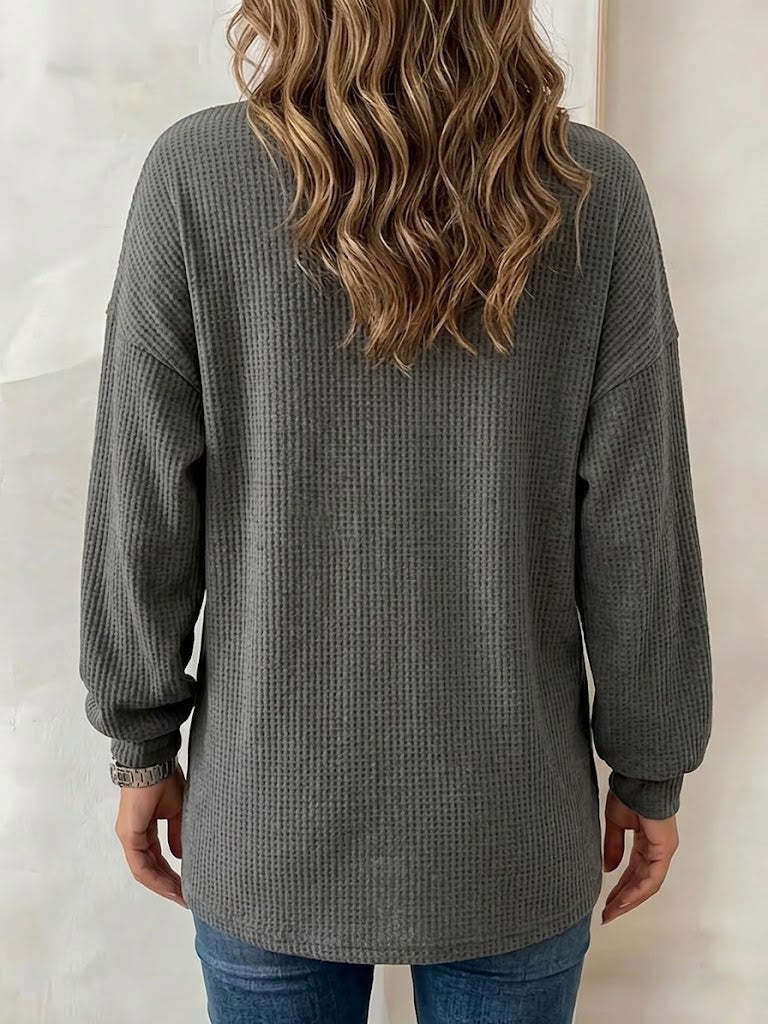 Women's Solid Color Waffle-knit Long-sleeve Button-down Casual Shirt / Comfortable Top